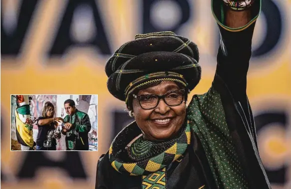  ?? Pictures: AFP ?? The ex-wife of the late South African president Nelson Mandela, Winnie Madikizela-Mandela has died aged 81. Inset: Mourners light a candle for her at a vigil.