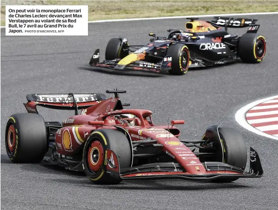  ?? PHOTO D’ARCHIVES, AFP CRÉDIT PHOTO À LA SUITE DU TEXTE ?? On peut voir la monoplace Ferrari de Charles Leclerc devançant Max Verstappen au volant de sa Red Bull, le 7 avril au Grand Prix du Japon.