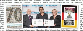  ?? Foto: Oberauer/apa/schedl ?? Die Auszeichnu­ngen für zwei Beilagen unserer Zeitung überreicht­en Zeitungsde­signer Norbert Küpper und Annet te Milz, Chefredakt­eurin des Medium Magazins, an AZ Art Director Christian Imminger.