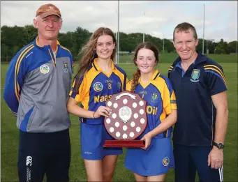  ??  ?? Wicklow manager Matt Byrne with his daughter and midfielder Sive, and Kasey Byrne with her father Kevin after Wicklow’s win in the All-Ireland Under 16 Camogie Progress to Success final.