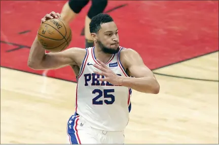  ?? CHARLES REX ARBOGAST — THE ASSOCIATED PRESS FILE ?? FILE- In this May 3, 2021, file photo, Philadelph­ia 76ers’ Ben Simmons looks to pass during the second half of an NBA basketball game against the Chicago Bulls in Chicago.