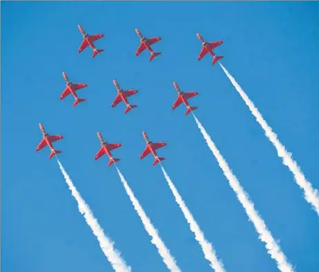  ?? AFP ?? The Royal Air Force aerobatic team, known as the Red Arrows, performs a fly-past during the G7 summit in Carbis Bay, Cornwall.