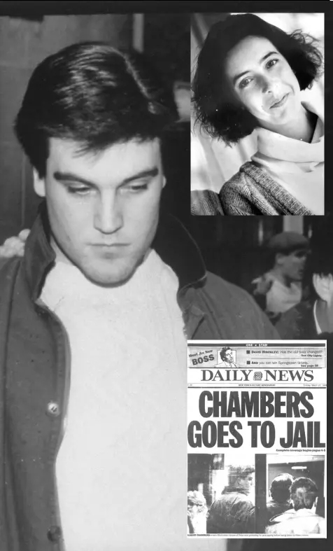  ??  ?? Main picture: Robert Chambers leaving his townhouse surrounded by police and taunting crowds to begin serving time for killing Levin. Inset top, Jennifer Levin in 1988. Inset above, one of the headlines generated by the sensationa­l case. Far left,...