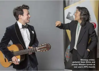  ??  ?? Winning smiles: guitarist Sean Shibe and pianist Mitsuko Uchida at last year’s RPS Awards