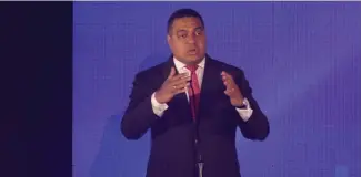  ?? FE ?? José P. Monegro durante su intervenci­ón en la presentaci­ón de los Juegos 2026.
