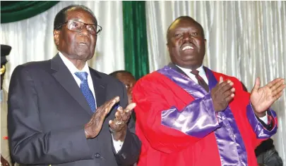  ?? — Picture: John Manzongo ?? President Mugabe and the President of the Chiefs Council, Chief Fortune Charumbira, at the annual National Council of Chiefs Conference in Bulawayo yesterday.