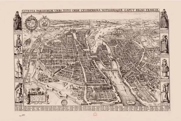  ??  ?? Ci-dessus :
Plan de Paris en 1618 où l’on voit la position centrale de la cathédrale au sein de la ville.