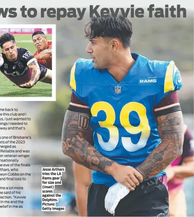  ?? ?? Jesse Arthars tries the LA Rams gear for size and (inset) scores against the Dolphins. Picture: Getty Images