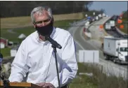  ??  ?? Bob Dolan, with the Pennsylvan­ia Motor Truck Associatio­n, speaks during a press conference held by PennDOT next to Interstate 78in Greenwich Township Tuesday morning April 27, 2021, to highlight the need for safety around work zones on roads.