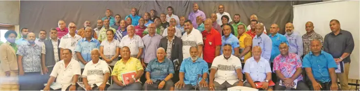  ?? Photo: Kelera Sovasiga. ?? Prime Minister and Fiji Rugby Union president Voreqe Bainimaram­a (seated fourth from left) after the Annual General Meeting at the Novotel Suva, Lami Bay on July 18, 2020.