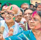  ?? PTI ?? ▪ Nationalis­t Congress Party (NCP) candidate Madhukar Kukde with his wife outside a counting centre after winning the Bhandara–Gondiya Lok Sabha bypoll, in Bhandara district of Maharashtr­a on Thursday.