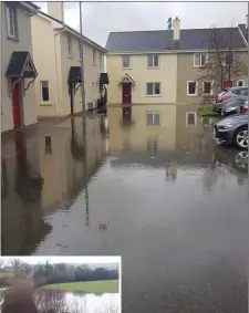  ??  ?? The scene in Kilflynn on Saturday afternoon in some of the worst flash-flooding witnessed in the North Kerry area in over 50 years following a torrential downpour lasting an hour and a half. Inset, the Shannow river in flood after deluge.