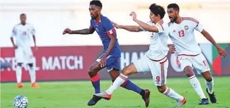  ?? Courtesy: UAE FA ?? Action from the internatio­nal friendly between UAE and Haiti at the Khalifa Bin Zayed Stadium on Friday. Haiti won 1-0.