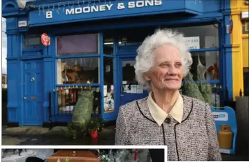  ?? PHOTO BY CHARLIE SHARKEY ?? The late Bridie Mooney outside her shop as she prepared to retire in December 2015. LEFT: Sweets accompanie­d the much-loved shopkeeper on her final journey.