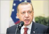  ?? MICHAEL REYNOLDS/GETTY ?? Turkish President Recep Tayyip Erdogan speaks at the White House after meeting with President Donald Trump.