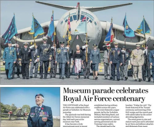  ?? PICTURES: JAMES HARDISTY. ?? FLAG DAY: Top, television presenter Jan Leeming, centre, vice president of the Allied Air Forces Memorial at the parade; above, Normandy veteran Ken Smith, 93, of Leeds, at the event.