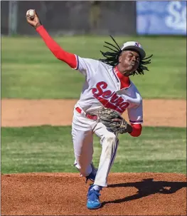  ?? PHOTO BY GIL CASTRO-PETRES ?? Serra High pitcher CJ Hughes pitched 62/3 innings to pick up the win in a 10-4Del Rey League victory over visiting Bishop Montgomery on Tuesday.