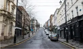  ??  ?? Deserted streets in Derry’s main shopping area. Non-essential retail reopens at step 3 of the plan (data permitting). Photograph: Liam McBurney/PA