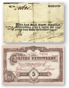  ??  ?? Above: one of the earliest Danish notes, dated 1713 for 1 Mark, and a regional credit banknote issued in Esbjerg c.1900