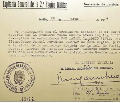  ?? ?? Petición de informe al fiscal militar sobre indulto para el excapitán de Carabinero­s Lamadrid (1957).