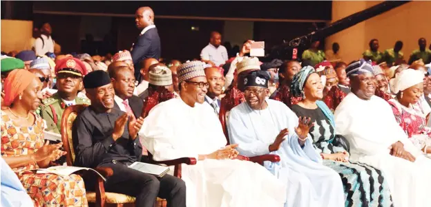  ?? Photo: Lagos Govt House ?? From left: Wife of the vice president, Dolapo Osinbajo; Vice President Yemi Osinbajo; President Muhammadu Buhari; Asiwaju Bola Tinubu; his wife, Senator Oluremi Tinubu; Lagos State Governor Akinwunmi Ambode and his wife Bolanle, during the 10th Asiwaju Bola Tinubu Colloquium in Lagos yesterday