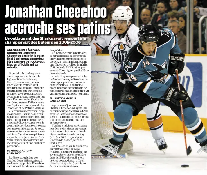  ?? PHOTO D’ARCHIVES ?? Jonathan Cheechoo formait un trio redoutable avec Joe Thornton et Patrick Marleau au milieu des années 2000.