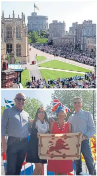  ??  ?? Main, hand in hand, Harry and Meghan leave St George’s Chapel as newlyweds; top, crowds gather in the grounds of Windsor Castle; above, Janette Hunter from Chapelhall, 2nd right, had a prime spot to view the royal couple with son Alan, right, Graham...