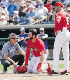  ?? YONG KIM / THE PHILADELPH­IA INQUIRER VIA AP ?? Philadelph­ia Phillies’ Bryce Harper, centre, reacts after being hit by a pitch during a game against the Blue Jays on Friday.