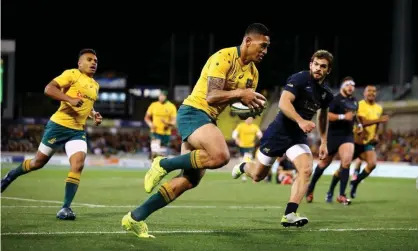  ?? Photograph: Mark Nolan/Getty Images ?? Israel Folau scored twice as the Wallabies finally gave their coach and fans something to smile about with their first win of this year’s Rugby Championsh­ip.