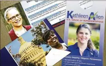  ?? CURTIS COMPTON/CCOMPTON@AJC.COM ?? Flyers for Democrats Carolyn Bourdeaux (from left), Melissa Davis and Kathleen Allen sit on a table at Peachtree Corners. All hope to unseat GOP U.S. Rep. Rob Woodall.