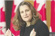  ?? ADRIAN WYLD / THE CANADIAN PRESS ?? Minister of Finance Chrystia Freeland is weighing pitches from Toronto
and Montreal.