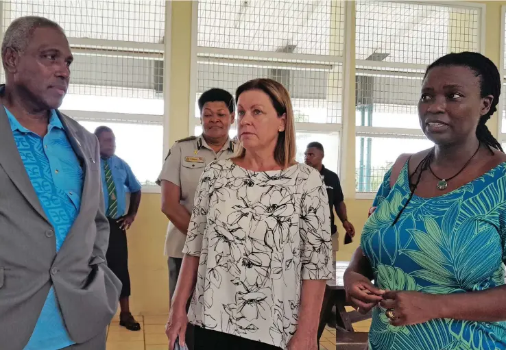  ?? Photo: Wati Talebula-Nuku ?? Attorney-General and Minister for Justice Siromi Turaga with UNDP Pacific Office Team Leader Effective Governance Revai Makanje Aalbaek and Resident Representa­tive Dawn Del Rio taking a tour at the Nasinu Correction­s Centre on April 21, 2023.
