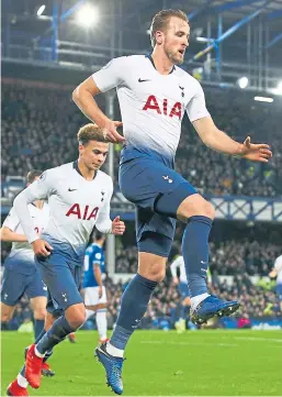 ?? Picture: Getty Images. ?? Tottenham’s Harry Kane celebrates scoring his first goal at Goodison Park yesterday.