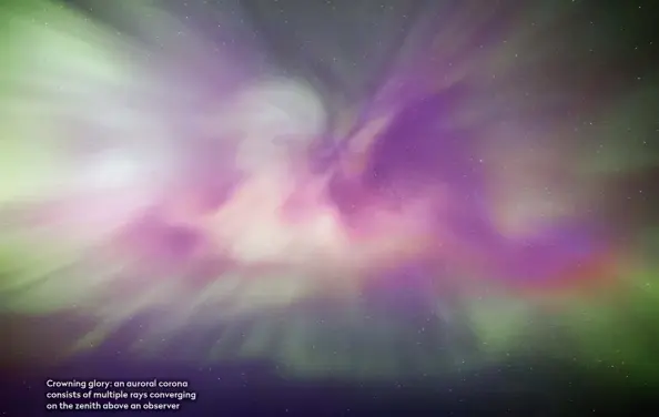  ??  ?? Crowning glory: an auroral corona consists of multiple rays converging on the zenith above an observer