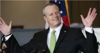  ?? Pool FIlE Photo ?? WE’LL SEE: Gov. Charlie Baker provides an update on COVID-19 vaccinatio­ns at The Shaw’s Center in Brockton on March 17. He hasn’t said whether he’s running for another term in office or not.