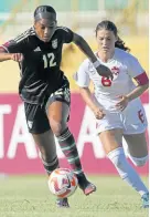  ?? COURTESY OF @CONCACAFW ?? Young Reggae Girl Maya Ragunandan­an dribbles away from Canada’s Thaea Mouratidis during their Concacaf Under-20 Women’s Championsh­ip game at the Estadio Felix Sanchez in the Dominican Republic earlier today.