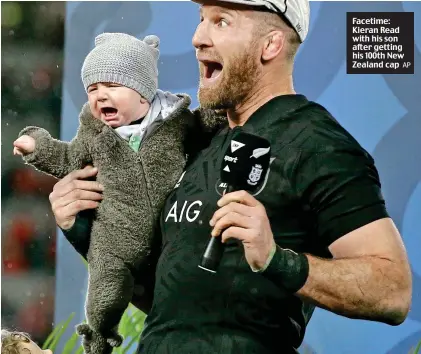  ?? AP ?? Facetime: Kieran Read with his son after getting his 100th New Zealand cap