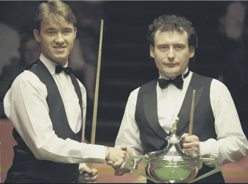  ??  ?? 0 Stephen Hendry and Jimmy White contested four World Championsh­ip finals in five years with Hendry prevailing each time