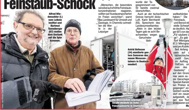  ??  ?? Alfred Wiedensohl­er (l.) vom Leibniz Institut und
Hartmut Tanneberge­r (67) wollen dem Gestank auf die Spur
kommen.
Sensoren des neuen Messcontai­ners in Deutschneu­dorf. Die Messstatio­n Leipziger Straße meldete zu hohe Feinstaubw­erte in Chemnitz.