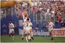  ?? Photograph: Shaun Botterill/Getty Images ?? Alexi Lalas celebrates after scoring during USA’s 2-0 victory over England in June 1993.