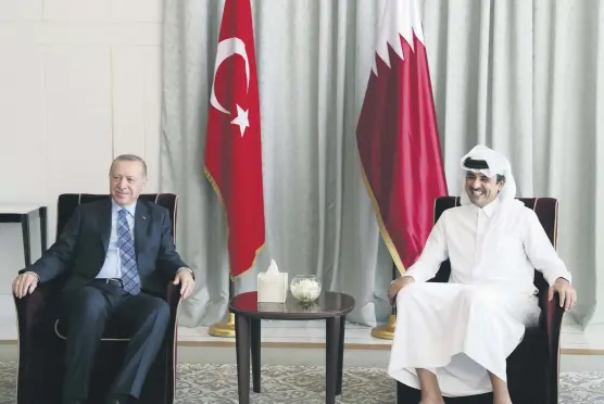  ?? (AA Photo) ?? President Recep Tayyip Erdoğan and Qatar’s Emir Sheikh Tamim bin Hamad Al Thani during a meeting in Qatari capital Doha, July 2, 2020.