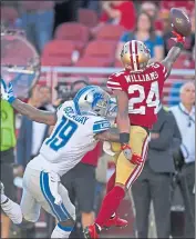  ?? JOSE CARLOS FAJARDO — STAFF PHOTOGRAPH­ER ?? The 49ers’ K’Waun Williams guards the Lions’ Kenny Golladay on a long pass play late in the fourth quarter.