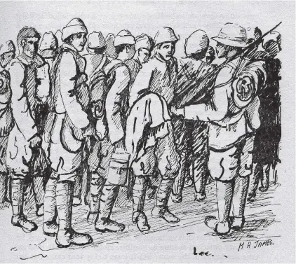  ??  ?? Turkish prisoners, an illustrati­on by Memory James from Campbell Begg’s book. He commission­ed James to illustrate the book because his photograph­s from the time had faded too badly to be reproduced.