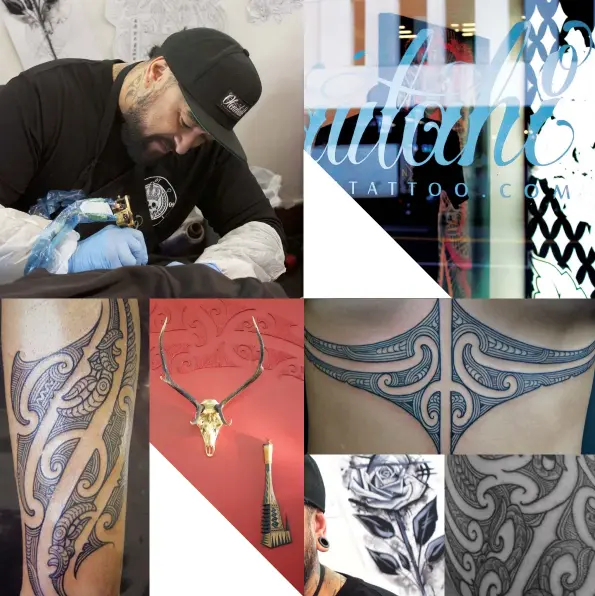  ??  ?? PREVIOUS PAGE Arapeta Kaiwai CLOCKWISE FROM ABOVE Arapeta at work; Otautahi Tattoo Studio (outside); Arapeta’s tattoo work; rose sketch; studio wall decoration OPPOSITE PAGE Otautahi Tattoo Studio (outside)