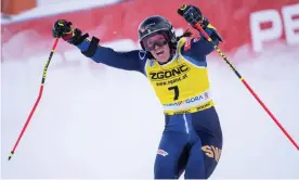  ?? Photograph: Jure Makovec/AFP/Getty Images ?? Sara Hector of Sweden celebrates after winning Saturday’s World Cup giant slalom race in Kranjska Gora, Slovenia.