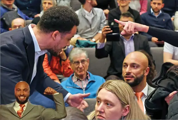  ?? ?? Storm: passions run high as Mr Michli, centre, is spoken to after he criticised Sadiq Khan. Far left, Mr Michli outside afterwards. Left, Susan Hall speaks, watched by her mayoral rivals