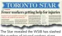  ??  ?? The Star revealed the WSIB has slashed the number of injured workers given access to specialize­d medical care.