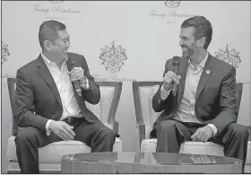  ?? AP/FADLAN SYAM ?? Donald Trump Jr. (right) shares a light moment with MNC Group President and CEO Hary Tanoesoedi­bjo during a news conference Tuesday in Jakarta, Indonesia.