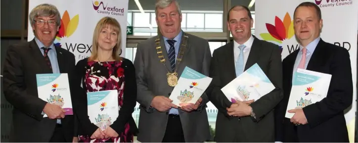  ??  ?? John Carley, director of services, Wexford County Council; Jackie Eydt, Age Friendly co-ordinator; Cllr Paddy Kavanagh, chairman, Wexford County Council; Minister Paul Kehoe, who launched the strategy and Tom Enright, CEO, Wexford County Council.