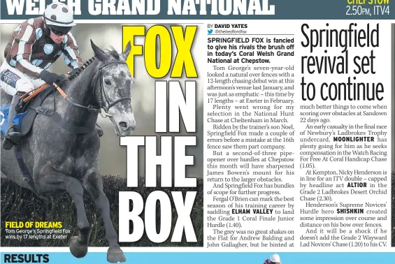  ??  ?? FIELD OF DREAMS Tom George’s Springfiel­d Fox wins by 17 lengths at Exeter